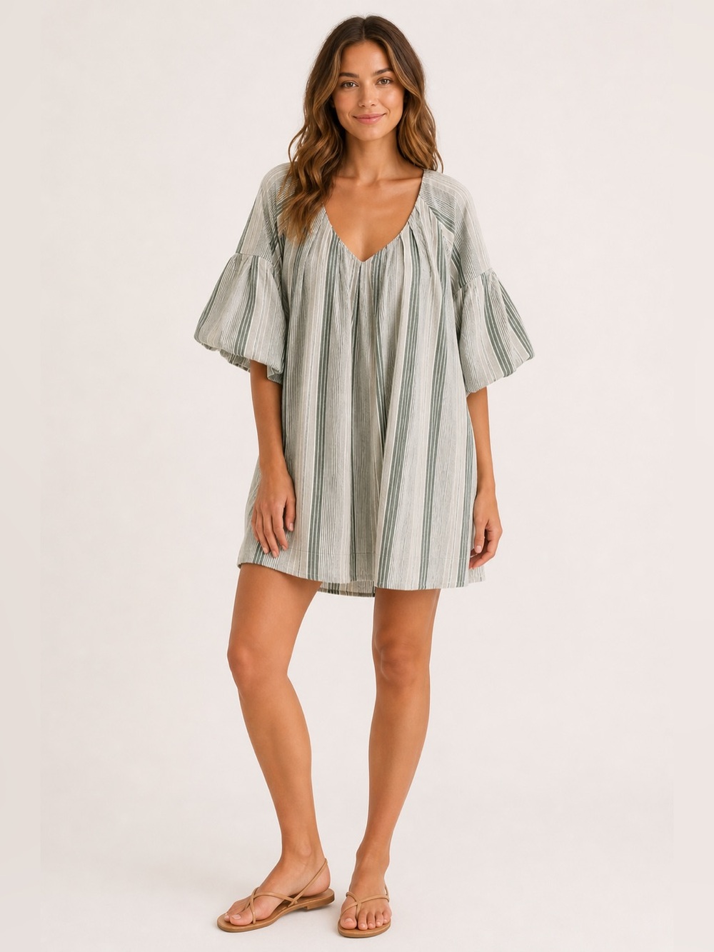 Free People Aleida Striped Puff Sleeve Mini Dress Sage XS Oversized